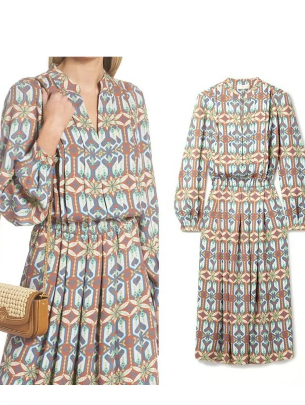 Tory Burch Garden Maze Geometric Print Pleated Shirt Dress